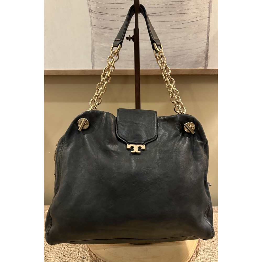 Tory Burch Megan Shoulder Gold Chain Hobo Bag Black Pebble Soft Leather 498$